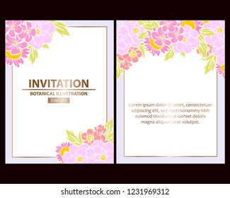 Vintage delicate greeting invitation card template design with flowers for wedding, marriage, bridal, birthday, Valentine's day. Romantic vector illustration.