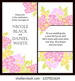 Vintage delicate greeting invitation card template design with flowers for wedding, marriage, bridal, birthday, Valentine's day. Romantic vector illustration.
