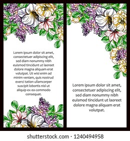 Vintage delicate greeting invitation card template design with flowers for wedding, marriage, bridal, birthday, Valentine's day. Romantic vector illustration.