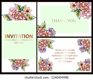 Vintage delicate greeting invitation card template design with flowers for wedding, marriage, bridal, birthday, Valentine's day. Romantic vector illustration.