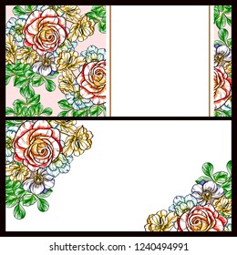 Vintage delicate greeting invitation card template design with flowers for wedding, marriage, bridal, birthday, Valentine's day. Romantic vector illustration.