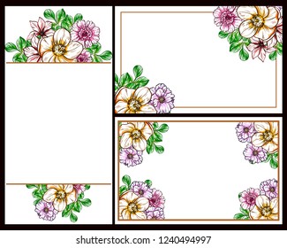 Vintage delicate greeting invitation card template design with flowers for wedding, marriage, bridal, birthday, Valentine's day. Romantic vector illustration.