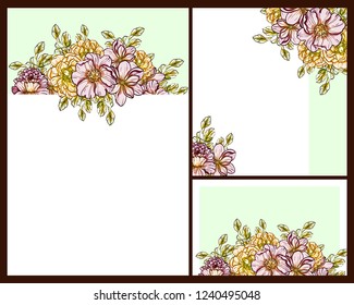 Vintage delicate greeting invitation card template design with flowers for wedding, marriage, bridal, birthday, Valentine's day. Romantic vector illustration.