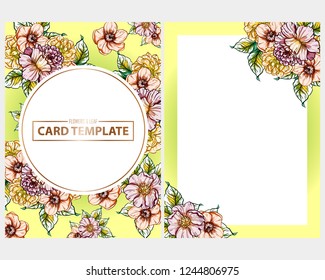 Vintage delicate greeting invitation card template design with flowers for wedding, marriage, bridal, birthday, Valentine's day. Romantic vector illustration.