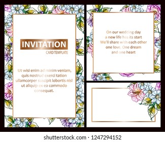 Vintage delicate greeting invitation card template design with flowers for wedding, marriage, bridal, birthday, Valentine's day. Romantic vector illustration.