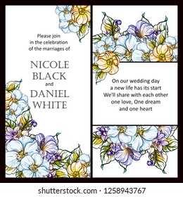 Vintage delicate greeting invitation card template design with flowers for wedding, marriage, bridal, birthday, Valentine's day. Romantic vector illustration.