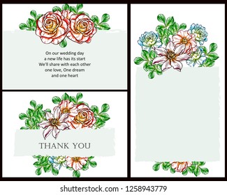 Vintage delicate greeting invitation card template design with flowers for wedding, marriage, bridal, birthday, Valentine's day. Romantic vector illustration.