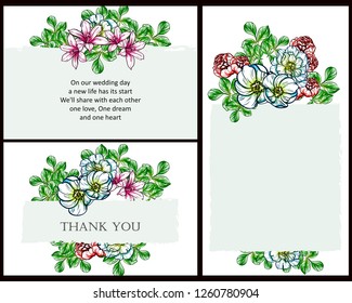 Vintage delicate greeting invitation card template design with flowers for wedding, marriage, bridal, birthday, Valentine's day. Romantic vector illustration.