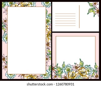 Vintage delicate greeting invitation card template design with flowers for wedding, marriage, bridal, birthday, Valentine's day. Romantic vector illustration.