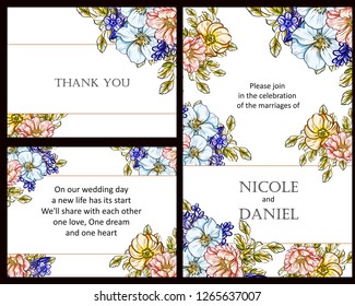 Vintage delicate greeting invitation card template design with flowers for wedding, marriage, bridal, birthday, Valentine's day. Romantic vector illustration.