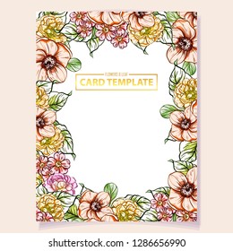 Vintage delicate greeting invitation card template design with flowers for wedding, marriage, bridal, birthday, Valentine's day. Romantic vector illustration.