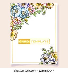 Vintage delicate greeting invitation card template design with flowers for wedding, marriage, bridal, birthday, Valentine's day. Romantic vector illustration.