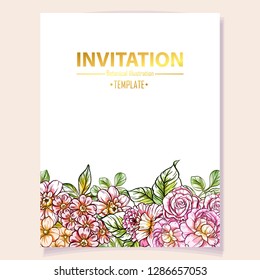 Vintage delicate greeting invitation card template design with flowers for wedding, marriage, bridal, birthday, Valentine's day. Romantic vector illustration.