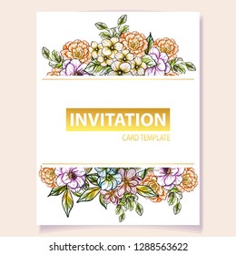 Vintage delicate greeting invitation card template design with flowers for wedding, marriage, bridal, birthday, Valentine's day. Romantic vector illustration.