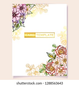 Vintage delicate greeting invitation card template design with flowers for wedding, marriage, bridal, birthday, Valentine's day. Romantic vector illustration.