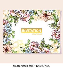 Vintage delicate greeting invitation card template design with flowers for wedding, marriage, bridal, birthday, Valentine's day. Romantic vector illustration.