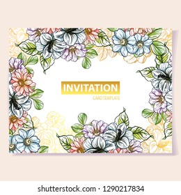 Vintage delicate greeting invitation card template design with flowers for wedding, marriage, bridal, birthday, Valentine's day. Romantic vector illustration.