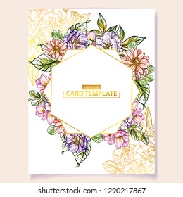 Vintage delicate greeting invitation card template design with flowers for wedding, marriage, bridal, birthday, Valentine's day. Romantic vector illustration.