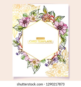 Vintage delicate greeting invitation card template design with flowers for wedding, marriage, bridal, birthday, Valentine's day. Romantic vector illustration.