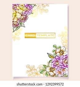 Vintage delicate greeting invitation card template design with flowers for wedding, marriage, bridal, birthday, Valentine's day. Romantic vector illustration.