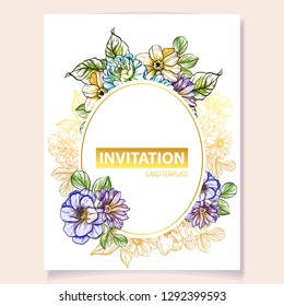 Vintage delicate greeting invitation card template design with flowers for wedding, marriage, bridal, birthday, Valentine's day. Romantic vector illustration.