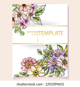 Vintage delicate greeting invitation card template design with flowers for wedding, marriage, bridal, birthday, Valentine's day. Romantic vector illustration.