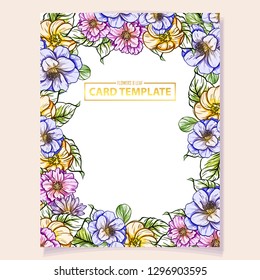 Vintage delicate greeting invitation card template design with flowers for wedding, marriage, bridal, birthday, Valentine's day. Romantic vector illustration.