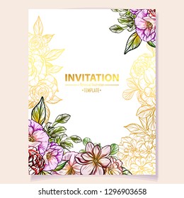 Vintage delicate greeting invitation card template design with flowers for wedding, marriage, bridal, birthday, Valentine's day. Romantic vector illustration.