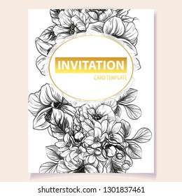 Vintage delicate greeting invitation card template design with flowers for wedding, marriage, bridal, birthday, Valentine's day. Romantic vector illustration.