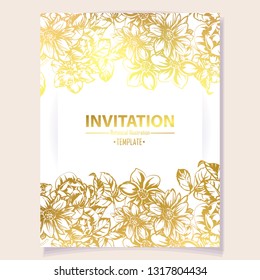 Vintage delicate greeting invitation card template design with flowers for wedding, marriage, bridal, birthday, Valentine's day. Romantic vector illustration.