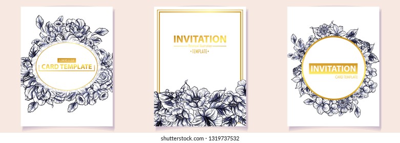 Vintage delicate greeting invitation card template design with flowers for wedding, marriage, bridal, birthday, Valentine's day. Romantic vector illustration.