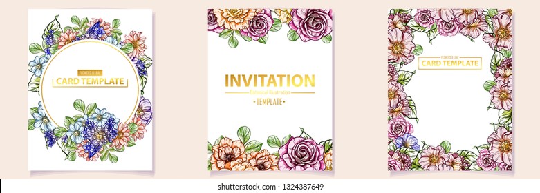 Vintage delicate greeting invitation card template design with flowers for wedding, marriage, bridal, birthday, Valentine's day. Romantic vector illustration.