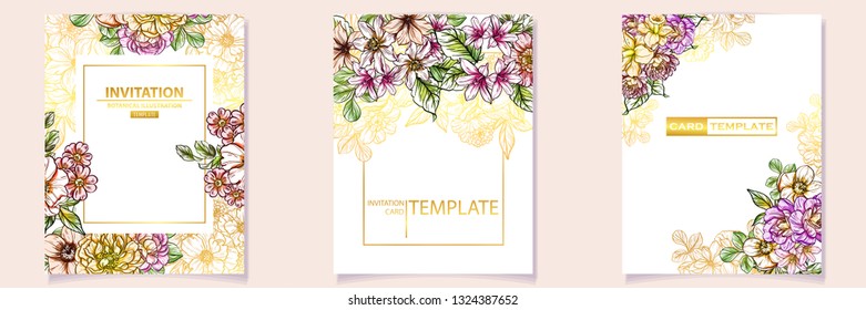 Vintage delicate greeting invitation card template design with flowers for wedding, marriage, bridal, birthday, Valentine's day. Romantic vector illustration.