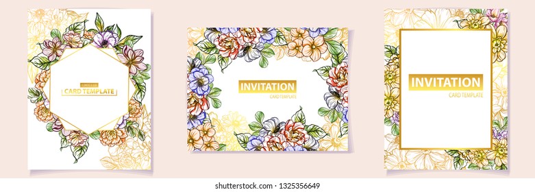 Vintage delicate greeting invitation card template design with flowers for wedding, marriage, bridal, birthday, Valentine's day. Romantic vector illustration.