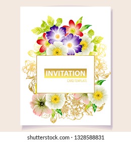 Vintage delicate greeting invitation card template design with flowers for wedding, marriage, bridal, birthday, Valentine's day. Romantic vector illustration.