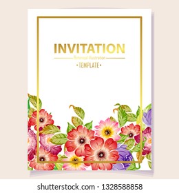 Vintage delicate greeting invitation card template design with flowers for wedding, marriage, bridal, birthday, Valentine's day. Romantic vector illustration.
