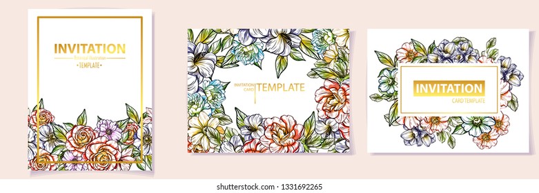 Vintage delicate greeting invitation card template design with flowers for wedding, marriage, bridal, birthday, Valentine's day. Romantic vector illustration.