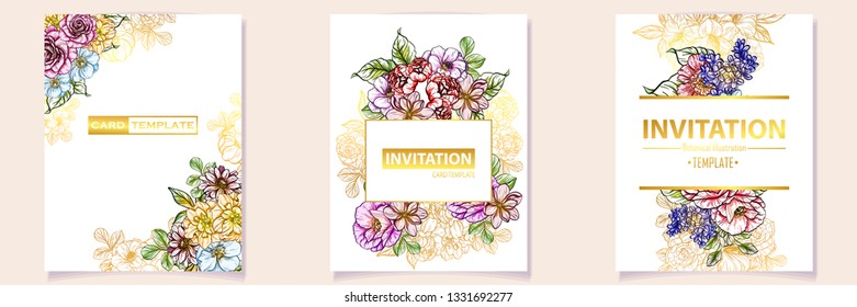 Vintage delicate greeting invitation card template design with flowers for wedding, marriage, bridal, birthday, Valentine's day. Romantic vector illustration.