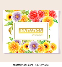 Vintage delicate greeting invitation card template design with flowers for wedding, marriage, bridal, birthday, Valentine's day. Romantic vector illustration.