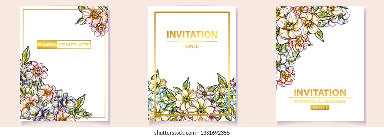 Vintage delicate greeting invitation card template design with flowers for wedding, marriage, bridal, birthday, Valentine's day. Romantic vector illustration.