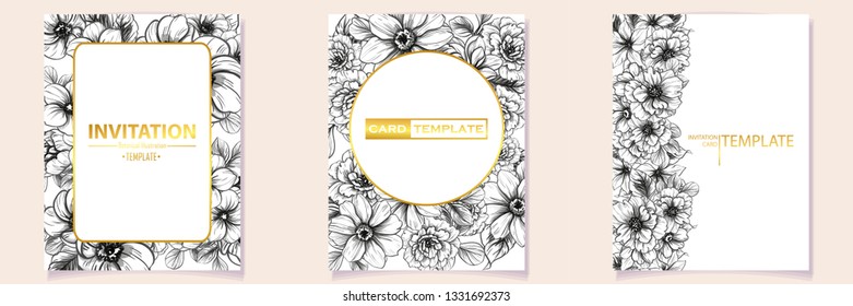 Vintage delicate greeting invitation card template design with flowers for wedding, marriage, bridal, birthday, Valentine's day. Romantic vector illustration.