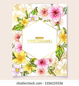 Vintage delicate greeting invitation card template design with flowers for wedding, marriage, bridal, birthday, Valentine's day. Romantic vector illustration.
