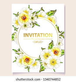 Vintage delicate greeting invitation card template design with flowers for wedding, marriage, bridal, birthday, Valentine's day. Romantic vector illustration.