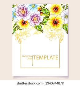 Vintage delicate greeting invitation card template design with flowers for wedding, marriage, bridal, birthday, Valentine's day. Romantic vector illustration.
