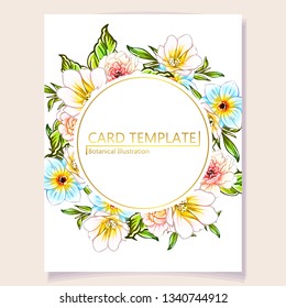 Vintage delicate greeting invitation card template design with flowers for wedding, marriage, bridal, birthday, Valentine's day. Romantic vector illustration.