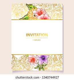 Vintage delicate greeting invitation card template design with flowers for wedding, marriage, bridal, birthday, Valentine's day. Romantic vector illustration.