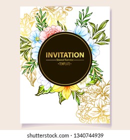 Vintage delicate greeting invitation card template design with flowers for wedding, marriage, bridal, birthday, Valentine's day. Romantic vector illustration.
