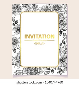 Vintage delicate greeting invitation card template design with flowers for wedding, marriage, bridal, birthday, Valentine's day. Romantic vector illustration.