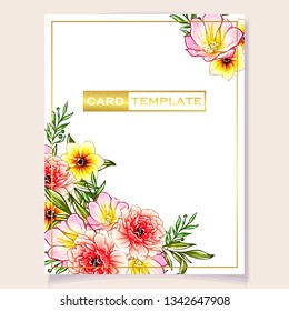 Vintage delicate greeting invitation card template design with flowers for wedding, marriage, bridal, birthday, Valentine's day. Romantic vector illustration.