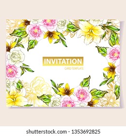 Vintage delicate greeting invitation card template design with flowers for wedding, marriage, bridal, birthday, Valentine's day. Romantic vector illustration.